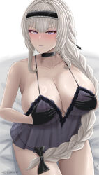 Rule 34 | 1girl, archstreal, babydoll, bianca: stigmata (punishing: gray raven), bianca (punishing: gray raven), black choker, black gloves, blush, braid, braided ponytail, breasts, choker, cleavage, closed mouth, collarbone, gloves, grey hair, hair ornament, highres, large breasts, long hair, looking at viewer, mole, mole under eye, punishing: gray raven, purple eyes, solo
