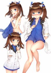 Rule 34 | 10s, 1girl, absurdres, animal ears, bare legs, barefoot, blue eyes, blue shirt, blunt bangs, blurry, blush, bra, brave witches, brown hair, cat ears, cat tail, cowboy shot, depth of field, dress shirt, embarrassed, full body, georgette lemare, highres, holding, holding plate, long hair, looking at viewer, lying, military, military uniform, multiple views, navel, no pants, open clothes, panties, plate, ribbon, shirt, somalisu, standing, tail, twintails, underwear, undressing, uniform, upper body, utensil in mouth, white background, white panties, world witches series