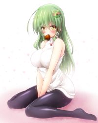 Rule 34 | 1girl, alternate costume, bare shoulders, black pantyhose, blush, breasts, candy, chocolate, chocolate heart, commentary request, food, food in mouth, frog hair ornament, green hair, hair between eyes, hair ornament, heart, highres, kochiya sanae, large breasts, long hair, looking at viewer, mouth hold, no pants, no shoes, osashin (osada), pantyhose, ribbed sweater, sidelocks, sitting, sleeveless, sleeveless sweater, snake hair ornament, solo, sweater, thighs, touhou, turtleneck, turtleneck sweater, v arms, wariza, white background, white sweater, yellow eyes