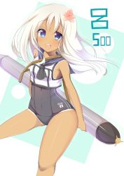 Rule 34 | 10s, 1girl, :d, ashino, bare legs, bare shoulders, blonde hair, character name, crop top, flower, hair flower, hair ornament, kantai collection, long hair, looking at viewer, neckerchief, open mouth, ro-500 (kancolle), sailor collar, school uniform, smile, solo, swimsuit, swimsuit under clothes, tan, tanline, tareme, torpedo, wide hips