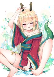 Rule 34 | 1girl, bare shoulders, barefoot, blonde hair, blush, breasts, cleavage, collarbone, commentary request, dragon girl, dragon horns, dragon tail, fingernails, half-closed eyes, highres, horns, huei nazuki, japanese clothes, kimono, knees up, long fingernails, long hair, long sleeves, long toenails, looking at viewer, nail polish, obi, open mouth, original, pelvic curtain, pink eyes, pointy ears, red kimono, red nails, sash, sitting, small breasts, solo, spread legs, tail, thick eyebrows, toenail polish, toenails, v