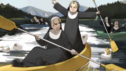 Rule 34 | &gt; &lt;, 6+girls, :d, bird, black footwear, blonde hair, blue eyes, brown hair, chicken, closed eyes, clumsy nun (diva), commentary, diva (hyxpk), duck, duckling, english commentary, froggy nun (diva), grey hair, habit, highres, holding, holding oar, kayak, lake, little nuns (diva), mountain, multiple girls, nun, oar, open mouth, outdoors, sheep nun (diva), sitting, smile, spicy nun (diva), standing, star nun (diva), star ornament, strict nun (diva), traditional nun
