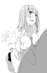 Rule 34 | 1boy, 1girl, artist name, blush, breasts, collarbone, dated, dress shirt, greyscale, hetero, highres, kneeling, large breasts, long hair, long sleeves, monochrome, nipples, no bra, open clothes, open mouth, open shirt, original, paizuri, panties, penis, penis silhouette, shirt, signature, silhouette, simple background, smile, solo focus, tabata hisayuki, thighs, underwear