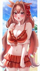 Rule 34 | 1girl, absurdres, animal ears, bad id, bad twitter id, bare shoulders, beach, bikini, blush, breasts, brown hair, cleavage, collarbone, daiwa scarlet (trifle vacation) (umamusume), daiwa scarlet (umamusume), ear wiggle, fang, hair down, highres, horse ears, horse girl, large breasts, long hair, looking at viewer, miniskirt, navel, official alternate costume, open mouth, red bikini, red eyes, skirt, solo, swimsuit, thighs, umamusume, very long hair, yayoi maka
