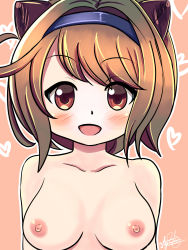Rule 34 | 1girl, animal ears, blush, breasts, brown eyes, brown hair, cat ears, collarbone, cow lick, cygames, granblue fantasy, happy, heart, highres, horns, large breasts, smile, tagme, topless, yaia (granblue fantasy)