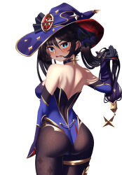 Rule 34 | 1girl, anger vein, ass, backless leotard, black choker, black hair, blue eyes, breasts, choker, from behind, genshin impact, hair lift, hair tie, hand in own hair, hat, hat ribbon, highres, holding, holding hair, leotard, long hair, looking at viewer, looking back, mona (genshin impact), nithros, pantyhose, parted lips, ribbon, small breasts, solo, twintails, v-shaped eyebrows, wavy mouth, witch hat