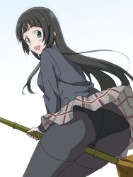Rule 34 | 10s, 1girl, :d, ass, bad id, bad pixiv id, between legs, black hair, black panties, black pantyhose, blazer, broom, broom riding, clothes lift, flying witch, green eyes, jacket, kowata makoto, long hair, looking at viewer, looking back, open mouth, panties, panties under pantyhose, pantyhose, poncho s, school uniform, skirt, skirt lift, smile, solo, underwear