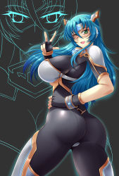Rule 34 | armor, ass, blue hair, bodysuit, breasts, collar, elbow gloves, forehead jewel, glasses, gloves, green eyes, haganef, highres, huge ass, huge breasts, large breasts, long hair, mikagami shining, open mouth, sexheroine shining, shining dradon, smile, tagme, v