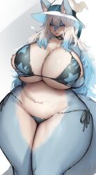 Rule 34 | 1girl, absurdres, animal nose, bikini, black bikini, black choker, blue fur, blue hair, body fur, breasts, choker, ears through headwear, furry, furry female, gradient hair, hat, highres, huge breasts, looking at viewer, multicolored hair, original, side-tie bikini bottom, smile, snout, solo, standing, suurin (ksyaro), swimsuit, tail, thick thighs, thighs, twitter username, two-tone fur, white fur, white hair, white hat