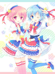 Rule 34 | 1boy, 1girl, :d, ;d, bad id, bad pixiv id, beret, blue eyes, blue hair, braid, brother and sister, dorothy west, hasekura chiaki, hat, reona west, looking at viewer, one eye closed, open mouth, pink eyes, pink hair, pretty series, pripara, short hair, siblings, smile, striped, striped background, trap, twins, v