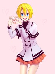 Rule 34 | 1boy, blonde hair, blue eyes, blush, crossdressing, cuticle tantei inaba, hair ornament, hairclip, heart, heart hands, looking at viewer, male focus, open mouth, pleated skirt, red skirt, sasaki yuuta, simple background, skirt, smile, solo, trap, umetoshiso