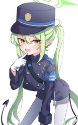 Rule 34 | 1girl, blue archive, blush, demon tail, gloves, green hair, hair between eyes, halo, hat, highres, hottore kabitori, jacket, long hair, long sleeves, looking at viewer, mesugaki, military uniform, nozomi (blue archive), open mouth, pointy ears, simple background, smile, solo, tail, twintails, uniform, very long hair, white background, white gloves, yellow eyes