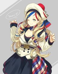 Rule 34 | 10s, 1girl, ;), anchor hair ornament, beret, blonde hair, blue eyes, blue hair, breasts, buttons, cleavage, closed mouth, commandant teste (kancolle), cowboy shot, double-breasted, eyelashes, france, french text, grey background, hair ornament, hairclip, hat, heart, highres, jacket, kantai collection, long hair, long sleeves, looking at viewer, matching hair/eyes, multicolored hair, one eye closed, pom pom (clothes), red hair, scarf, sleeves past wrists, smile, solo, speech bubble, streaked hair, swept bangs, w arms, white hair, white hat, yuu (higashi no penguin)