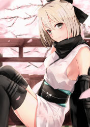 Rule 34 | 1girl, architecture, bad id, bad pixiv id, bare shoulders, blonde hair, blush, breasts, cherry blossoms, closed mouth, detached sleeves, east asian architecture, fate/grand order, fate (series), grey eyes, hair ribbon, highres, japanese house, ka1se1, looking at viewer, medium breasts, obi, okita souji (fate), okita souji (koha-ace), ribbon, sash, scarf, short hair, sideboob, sitting, smile, solo