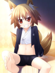 Rule 34 | 1girl, animal ears, barefoot, bike shorts, blonde hair, borrowed character, brown eyes, brown hair, fang, feet, foot focus, foreshortening, fox ears, fox tail, grin, inuarashi, japanese clothes, midriff, multicolored hair, multiple tails, navel, original, sanbi (reku), smile, soles, solo, spread toes, tail, toes, two-tone hair