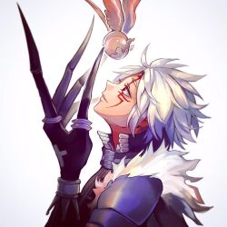 Rule 34 | 1boy, allen walker, aokamei, armor, commentary, d.gray-man, english commentary, eyelashes, facial mark, from side, fur-trimmed armor, fur trim, grey background, long fingers, looking up, male focus, parted lips, red eyes, solo, timcanpy, white hair