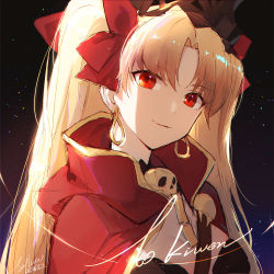 Rule 34 | 1girl, black background, blonde hair, breasts, cloak, closed mouth, earrings, ereshkigal (fate), eyebrows hidden by hair, eyes visible through hair, fate/grand order, fate (series), hair ribbon, head tilt, hoop earrings, jewelry, long hair, looking at viewer, medium breasts, naughty face, neck, necklace, parted bangs, red cloak, red eyes, red ribbon, ribbon, simple background, skull, smile, solo, straight hair, sylvia (huajiuhuajiu), two side up, type-moon, underwear, upper body