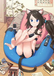 Rule 34 | 1girl, absurdres, aina (mao lian), animal ear fluff, animal ears, ass, barefoot, bean bag chair, between toes, black bra, black hair, black panties, blanket, blue eyes, bra, breasts, cat ears, cat tail, cellphone, cleavage, controller, feet, holding with feet, highres, hugging own legs, knees up, legs, legs up, lingerie, long hair, lying, magazine (object), mao lian (nekokao), on back, original, panties, pen, phone, pillow, plant, potted plant, remote control, scrunchie, side ponytail, smartphone, smile, soles, solo, tail, tissue, tissue box, toes, underwear, underwear only