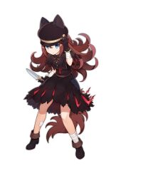 Rule 34 | 1girl, ark order, black bow, black capelet, black dress, black footwear, black gloves, black hat, blue eyes, boots, bow, brown hair, capelet, closed mouth, dagger, dress, full body, gloves, hat, hat with ears, holding, holding dagger, holding knife, holding weapon, juliet sleeves, knife, lock, long hair, long sleeves, looking at viewer, mtyy, official art, peaked cap, puffy sleeves, solo, tachi-e, tail, transparent background, weapon, werewolf (ark order), wolf girl, wolf tail