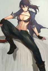 Rule 34 | 1girl, abs, absurdres, black hair, blue eyes, boots, bra, breasts, brown footwear, denim, fingerless gloves, gloves, highres, jacket, jeans, large breasts, madoro q, midriff, muscular, muscular female, navel, open clothes, open fly, open jacket, original, pants, ponytail, sitting, solo, stomach, toned, underwear