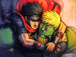 Rule 34 | 2boys, alien, arms around neck, ass, bara, black hair, blonde hair, carrying, colored skin, couple, cris art, forehead protector, from above, green skin, hulkling, interspecies, looking at another, male focus, marvel, multiple boys, muscular, muscular male, pectorals, piggyback, short hair, sideburns, thick eyebrows, toned, toned male, upper body, wiccan, yaoi
