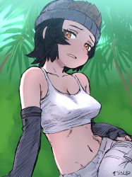 Rule 34 | 1girl, absurdres, arm support, bare shoulders, beanie, black gloves, black hair, black hat, breasts, brown eyes, cleavage, collarbone, covered erect nipples, day, elbow gloves, fingerless gloves, furrowed brow, gloves, gorilla (kemono friends), grey pants, hand on own hip, hand rest, hat, highres, kemono friends, leaning to the side, looking at viewer, masuyama ryou, medium breasts, midriff, navel, open mouth, outdoors, pants, shirt, short hair, sidelocks, signature, sitting, solo, stomach, tank top, upper body, white shirt