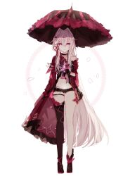 Rule 34 | 1girl, absurdres, bare shoulders, black footwear, black gloves, black shorts, black thighhighs, black umbrella, boots, commentary, dress, frilled sleeves, frills, full body, gloves, grey hair, hair between eyes, hair intakes, highres, holding, holding umbrella, honkai (series), honkai impact 3rd, long hair, long sleeves, petals, purple eyes, red dress, rosu (rostar1r), short shorts, shorts, single thighhigh, solo, standing, symbol-only commentary, thelema (honkai impact), thighhighs, thighhighs under boots, umbrella, very long hair, white background, wide sleeves