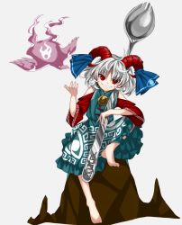 Rule 34 | 1girl, blue dress, commentary request, curly hair, detached sleeves, dress, eagle spirit (touhou), earrings, eye print, grey background, grin, harukawa moe (style), highres, holding, holding spork, horizontal pupils, horn ornament, horn ribbon, horns, jewelry, keiki8296, meandros, oversized object, patterned clothing, pointy ears, rectangular pupils, red eyes, red horns, red sleeves, ribbon, sharp teeth, sheep horns, simple background, sitting, smile, spork, teeth, toenails, toes, touhou, toutetsu yuuma, utensil, white hair