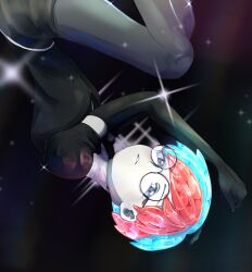 Rule 34 | 1girl, androgynous, black gloves, blue hair, commentary request, cosplay, creatures (company), crystal hair, elbow gloves, game freak, gem uniform (houseki no kuni), glasses, gloves, grey eyes, highres, houseki no kuni, multicolored hair, nintendo, penny (pokemon), pokemon, pokemon sv, red hair, round eyewear, short hair, solo, sparkle, two-tone hair, upside-down, yuihan-nyanchu