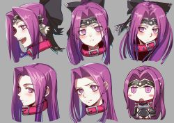 Rule 34 | 1girl, :d, :o, :t, black bow, black gloves, black leotard, blush, blush stickers, bow, chibi, closed mouth, collar, commentary request, expression chart, fate/grand order, fate (series), female focus, forehead, gloves, grey background, hair bow, hair intakes, headpiece, leotard, long hair, looking at viewer, looking away, matching hair/eyes, medusa (fate), medusa (lancer) (fate), medusa (rider) (fate), minami koyogi, multiple views, open mouth, parted bangs, ponytail, pout, purple eyes, purple hair, red collar, rider, riyo (lyomsnpmp) (style), simple background, smile, square pupils, vambraces