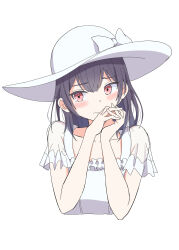 Rule 34 | 1girl, absurdres, black hair, blush, closed mouth, collarbone, cropped torso, dot nose, dress, eitopondo, flat chest, frilled dress, frills, hair between eyes, hands up, hat, hat ribbon, highres, idolmaster, idolmaster shiny colors, looking at another, morino rinze, own hands together, red eyes, ribbon, see-through, see-through sleeves, short hair, short sleeves, shy, simple background, solo, upper body, white background, white dress, white hat, white ribbon