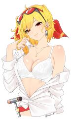 Rule 34 | 1girl, absurdres, blonde hair, bra, breasts, cleavage, collarbone, collared shirt, eyewear on head, hammer, head scarf, highres, hololive, hololive indonesia, jewelry, kaela kovalskia, large breasts, necklace, off shoulder, red eyes, rojen, shirt, short hair, simple background, smile, solo, sunglasses, twitter username, two side up, underwear, upper body, virtual youtuber, white background, white bra, white shirt