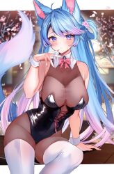 Rule 34 | 1girl, animal ears, arm support, bare arms, bare shoulders, black leotard, blue hair, bodysuit, bow, bowtie, breasts, brown bodysuit, cleavage, detached collar, gradient hair, hair rings, hand up, highleg, highleg leotard, highres, large breasts, leotard, long hair, looking at viewer, multicolored hair, nontraditional playboy bunny, parted lips, purple eyes, silvervale, sitting, solo, strapless, strapless leotard, tail, taut clothes, thighhighs, thighs, very long hair, virtual youtuber, vshojo, white thighhighs, wolf ears, wolf girl, wolf tail, wrist cuffs, yuniiho