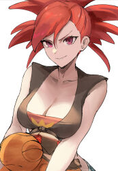 Rule 34 | 1girl, bandeau, black shirt, breasts, cleavage, closed mouth, collarbone, commentary, creatures (company), flannery (pokemon), game freak, gen 3 pokemon, high ponytail, highres, holding, holding pokemon, large breasts, long hair, looking at viewer, nintendo, pokemon, pokemon (creature), pokemon oras, red bandeau, red eyes, red hair, shirt, sleeveless, sleeveless shirt, smile, tied shirt, tommy (kingdukeee), torkoal, upper body, white background