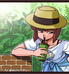 Rule 34 | 1girl, drink, drinking straw, hat, outdoors, ranma 1/2, solo, tendou nabiki, wanta (futoshi)