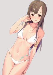 Rule 34 | 1girl, armband, bikini, blunt bangs, bodypaint, breasts, brown eyes, brown hair, cleavage, collarbone, commentary request, cowboy shot, dutch angle, gluteal fold, grey background, idolmaster, idolmaster cinderella girls, jewelry, long hair, looking at viewer, medium breasts, mizumoto yukari, navel, necklace, simple background, solo, sousakubito, swimsuit, thigh gap, treble clef, white bikini