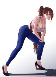 Rule 34 | 1girl, absurdres, azur lane, black footwear, breasts, brown hair, cleavage, closed mouth, collarbone, denim, from side, hair ornament, hair ribbon, hairclip, hands on own knees, high heels, highres, jeans, large breasts, lom (lom lom 8), long hair, looking at viewer, looking to the side, official alternate costume, pants, ponytail, red ribbon, ribbon, shirt, solo, standing, white background, white shirt, yellow eyes, zuikaku (azur lane)