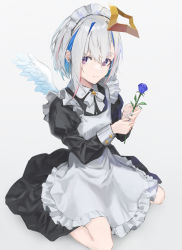 Rule 34 | 1girl, absurdres, alternate costume, amane kanata, angel wings, apron, black dress, blue hair, blue nails, bow, bowtie, closed mouth, collared dress, commentary request, dress, enmaided, flower, frilled apron, frills, full body, hair between eyes, halo, highres, holding, holding flower, hololive, juliet sleeves, long sleeves, looking at viewer, maid, maid headdress, nail polish, pink hair, puffy sleeves, purple eyes, purple flower, rasa k, short hair, silver hair, simple background, sitting, smile, solo, star halo, virtual youtuber, wariza, white apron, white bow, white bowtie, wings