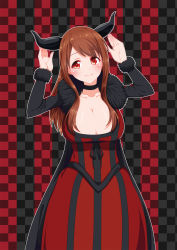 Rule 34 | 10s, 1girl, blush, breasts, brown hair, checkered background, choker, cleavage, dress, highres, horns, huge breasts, long hair, maou (maoyuu), maoyuu maou yuusha, mythless, red eyes, smile, solo