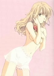 Rule 34 | 1girl, blonde hair, breasts, brushing hair, brushing own hair, convenient arm, grey eyes, hair brush, hand in own hair, highres, kikuchi youko, long hair, looking at viewer, medium breasts, mireille bouquet, noir (anime), official art, pantylines, pink background, scan, see-through silhouette, shorts, simple background, solo, standing, toothbrush in mouth, topless, white shorts