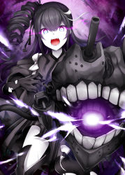 Rule 34 | 10s, 1girl, abyssal ship, anchor hair ornament, ancient destroyer princess, black gloves, black hair, blue eyes, cannon, colored skin, drill hair, elbow gloves, fangs, foreshortening, gloves, glowing, glowing eyes, hair ornament, japanese clothes, kantai collection, kimono, long hair, looking at viewer, meiji schoolgirl uniform, mole, mole under eye, multicolored hair, open mouth, pale skin, pointing, pointing at viewer, rui shi (rayze ray), side drill, side ponytail, solo, streaked hair, tasuki, teeth, torn clothes, turret, white skin