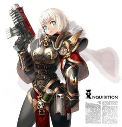 Rule 34 | 1girl, adepta sororitas, armor, beads, bird, blue eyes, bolter, book, breasts, buckle, cape, eagle, explosive, feathers, fleur-de-lis, grenade, gun, highres, holding, jairou, large breasts, looking at viewer, parted lips, pauldrons, power armor, purity seal, short hair, shoulder armor, silver hair, simple background, sisters of battle, skull, solo, standing, warhammer 40k, weapon, wings