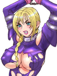 Rule 34 | 1girl, arms up, bare shoulders, blonde hair, blue eyes, bodysuit, braid, breasts, death by degrees, covered erect nipples, large breasts, lipstick, long hair, makeup, nina williams, prisoner, single braid, solo, tekken, torn clothes, underboob, zero hime