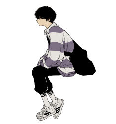 Rule 34 | 1boy, bag behind back, black bag, black hair, black pants, closed mouth, collared shirt, cross-laced bag, expressionless, from side, full body, highres, leaning forward, long sleeves, male focus, mole, mole on cheek, muryo, orange eyes, original, pants, purple shirt, shirt, short hair, simple background, sitting, socks, solo, striped clothes, striped shirt, sweatpants, white sneakers, white socks