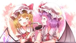 Rule 34 | 2girls, :d, ^ ^, arm garter, ascot, bat wings, blonde hair, blush, bow, candy, crystal, closed eyes, fangs, feeding, flandre scarlet, frilled shirt collar, frills, hat, hat bow, heart, lollipop, minust, mob cap, multiple girls, open mouth, puffy short sleeves, puffy sleeves, purple hair, red bow, remilia scarlet, short hair, short sleeves, shortcake, siblings, sisters, smile, touhou, upper body, wings, wrist cuffs