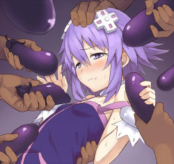 Rule 34 | 1girl, 6+boys, bare arms, bare shoulders, blush, breasts, chiwino, commentary request, dark-skinned male, dark skin, eggplant, food, gradient background, hair ornament, hetero, holding, holding food, holding vegetable, kami jigen game neptune v, light purple hair, multiple boys, neptune (neptunia), neptune (series), off shoulder, petite, purple background, purple eyes, sexually suggestive, short hair, sidelocks, small breasts, solo focus, strap slip, vegetable