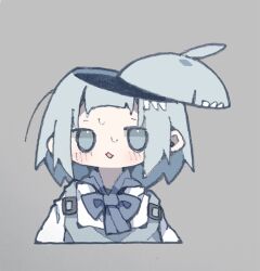 Rule 34 | 1girl, absurdres, ahoge, blue bow, bow, bowtie, commentary request, cropped torso, diamond mouth, grey background, grey eyes, grey hair, grey overalls, hair ornament, highres, jitome, light blush, looking at viewer, medium hair, nikamoka, no sclera, open mouth, original, overalls, shirt, simple background, sliced, solo, split head, straight-on, surreal, sweat, white shirt
