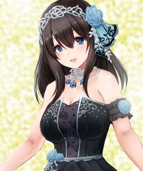 Rule 34 | 1girl, ame-rain, armlet, bare shoulders, black dress, black hair, blue eyes, blue flower, blue rose, blush, breasts, cleavage, dress, flower, hair between eyes, hair flower, hair ornament, highres, idolmaster, idolmaster cinderella girls, idolmaster cinderella girls starlight stage, jewelry, large breasts, long hair, looking at viewer, necklace, open mouth, rose, sagisawa fumika, smile, solo, tiara, upper body