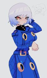 Rule 34 | 1girl, blue lips, blush, breast hold, breasts, curvy, dress, elizabeth (persona), highres, jiansketch, lipstick, makeup, medium breasts, parted lips, persona, persona 3, short hair, solo, white hair, yellow eyes