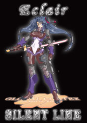 Rule 34 | armored core, armored core silent line, artist request, blue eyes, blue hair, bodysuit, eclair (armored core), energy sword, from software, long hair, one eye closed, skin tight, smile, solo, sword, very long hair, weapon, wink